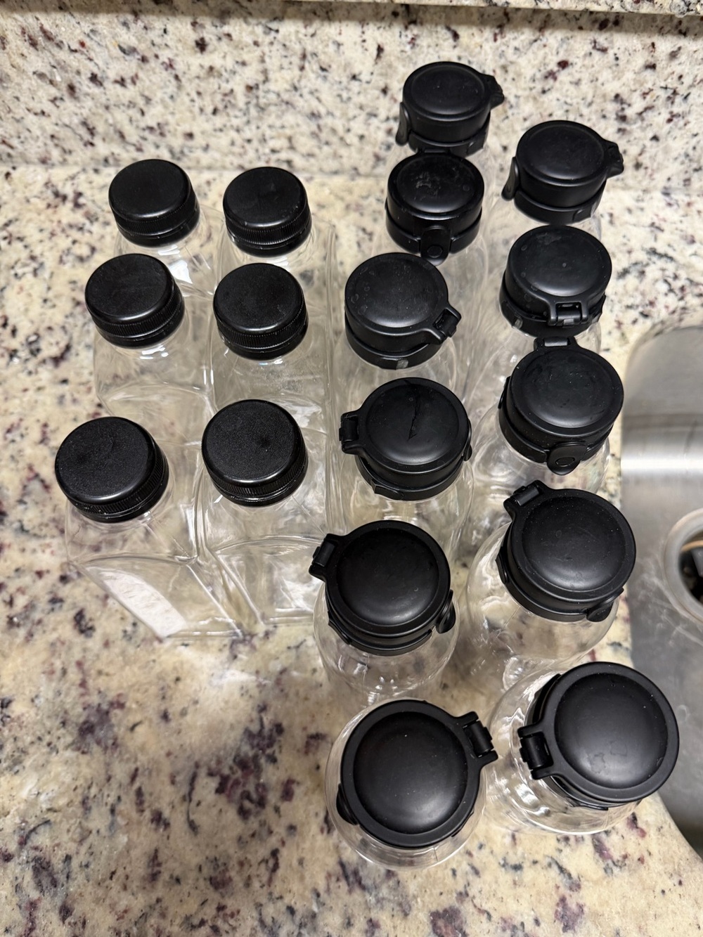 Clear Plastic Spice and Pantry Jars with Black Lids - Set of 17